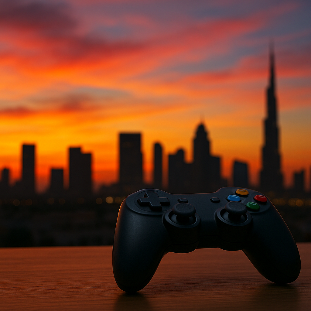 Gaming controller with Dubai skyline at sunset